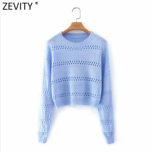Zevity femmes évider broderie à manches longues Crochet tricot pull femme Chic basique bonbons couleurs pulls hauts S636 210603