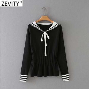 Zevity Femmes Preppy Style Couleur Correspondant Bow Tie Pull à tricoter Femelle Chic Taille élastique Volants Pulls Tops S637 210603