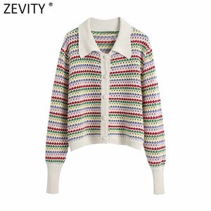 Zevity, suéter de punto de ganchillo calado con estampado de rayas de arcoíris para mujer, cárdigan de Jacquard con pecho elegante para mujer, Tops SW803 210806