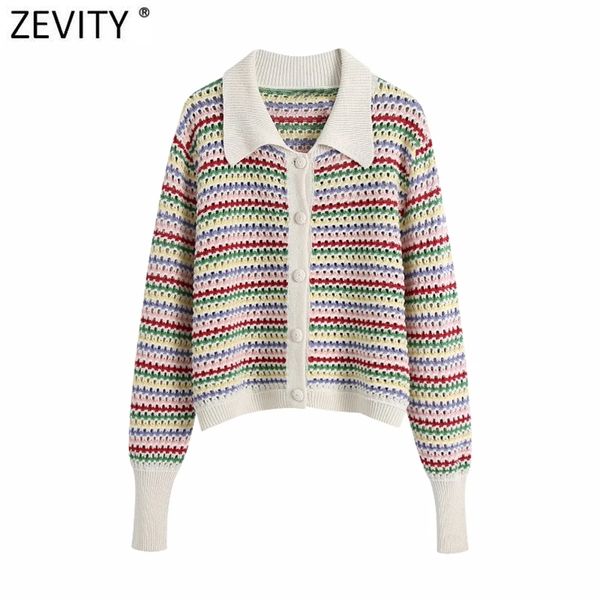Zevity Mujeres Rainbow Rayas Impresión Hollow Out Crochet Punto Suéter Abrigo Femenino Chic Breasted Jacquard Cardigan Tops SW803 210812