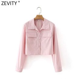Zevity mujeres Safari estilo manga larga Color rosa camisa corta mujer simplemente doble bolsillos blusa Roupas Chic Chemise Tops LS9062 210603