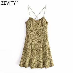 Zevity femmes Sexy imprimé léopard ourlet volants fronde Mini robe femme Chic côté fermeture éclair Vestidos été robes de plage DS8321 210603