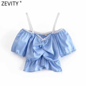 Zevity Women Sexy Off Shoulder Sling Sling Short Smock Blouse de encaje Femenino