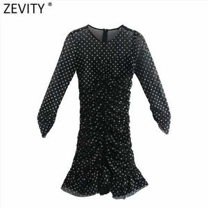 Zeefity vrouwen sexy lovertjes dots slank geplooide mesh jurk vrouwelijke drie kwart mouw chique vestido back rits kleding DS4913 210603