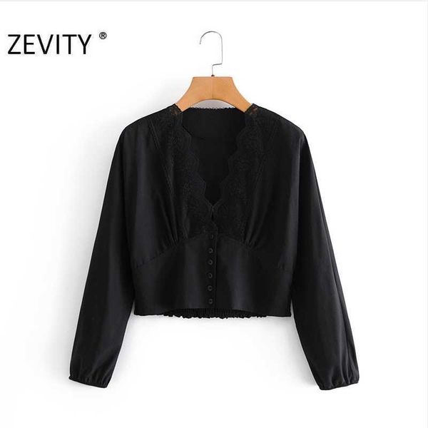 Zevity Femmes Sexy Col En V Dentelle Patchwork Casual Smock Chemises Dames À Manches Longues Noir Blouses Roupas Femininas Tops LS7275 210603