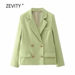 Zevity Mujeres simplemente bolsillos con doble botonadura Blazer Cuello con muescas Oficina Damas Causal Elegante Outwear Traje Abrigo Tops C536 210603