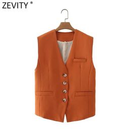 Zevity femmes simplement sans manches simple boutonnage Orange gilet veste bureau dame mince costume gilet poches Outwear hauts CT682 210603