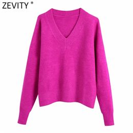 Zeefity Dames Simply V-hals Zachte Touch Casual Paars Breien Trui Vrouwelijke Chique Basic Long Sleeve Pullovers Merk Tops SW901 210903