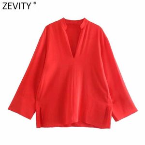 Zevity Femmes Simplement V ec col solide Casual Kimono Shirt Femme Chemisier de conception fendue Roupas Chic Blusas Blousas Tops LS9401 210603