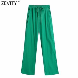 Zevity Femmes Solide Couleur Vert Poche Arrière Patch Casual Pantalon Droit Femme Chic Taille Élastique Été Pantalon Long P1139 211115