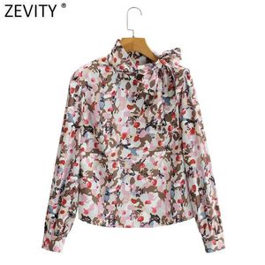 Zevity Femmes Doux Arc Attaché Col Montant Fleur Imprimer Casual Smock Blouse Femme Manches Bouffantes Chemises Roupas Chic Tops LS9093 210603