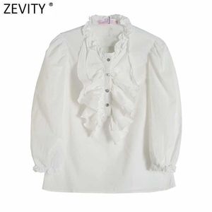 Zevity Femmes Doux Volants En Cascade Diamant Bouton Blanc Lin Smock Blouse Femme Lanterne Manches Chemises Chic Blusas Tops LS9295 210603