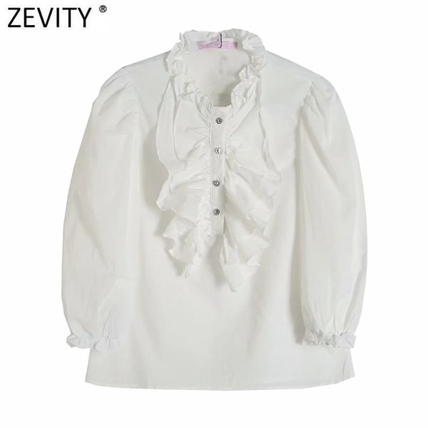 Zevity Femmes Sweet Cascade Volants Diamant Bouton Blanc Lin Smock Blouse Femme Lanterne Manches Chemises Chic Blusas Tops LS9295 210419