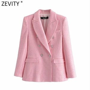 Zeefity vrouwen zoete dubbele breasted textuur roze tweed wollen blazer jas vintage vrouwelijke bovenkleding chic business slanke tops CT714 210603