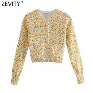 Zeefity Dames Sweet Floral Print Breasted Slanke Breien Trui Vrouwelijke Basic O Hals Lange Mouw Chique Cardigans Korte Tops SW709 210603