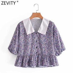 Zeefity Dames Sweet Floral Print Ruffles Blouse Shirts Dames Peter Pan Collar Patchwork Chic Office Femininas Blusas Tops LS9304 210603
