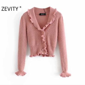 Zeefity vrouwen zoete patchwork ruches roze korte brei trui dames lange mouw breasted chique casual slanke vest tops S471 210603