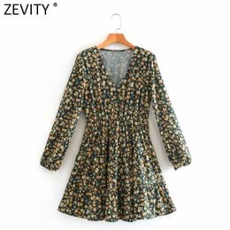 Zeefity Dames Zoete V-hals Landstijl Bloemen Print Een lijnjurk Femme Lange mouwen Plooien Mini Vestido Chic Cloth DS4696 210603