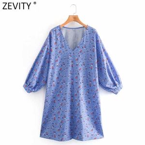 Zevenity vrouwen zoete v-hals bloem print casual kimono mini jurk vrouwelijke gewoon lantaarn mouw chique party vestidos DS4737 210603