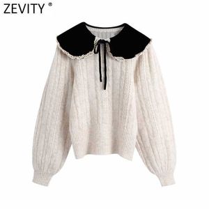 Zeefity vrouwen zoete fluwelen kraag kant ruches patchwork breien trui vrouwelijke chique lange mouw casual slanke truien tops S513 210603