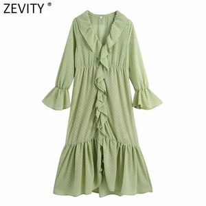 Zevity femmes col en V à pois imprimé volants en cascade robe mi-longue Chic femme papillon manches décontracté en mousseline de soie Vestido DS5045 210603