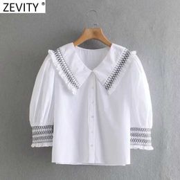 Zeefity Dames Vintage Agaric Kant Honeycomb Lattice Decoration White Smock Blouse Office Dames Shirt Chic Blusas Tops LS9021 210603