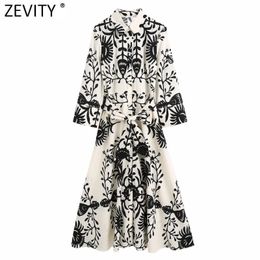 Zevity mujeres Vintage negro tótem estampado arco fajas camisa vestido femenino elegante tres cuartos manga Casual ajustado Midi Vestidos DS8640 220713