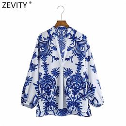Zevenity Dames Vintage Blauwe Totem Floral Print Smock Blouse Office Dames Business Casual Shirt Chic Losse Blusas Tops LS9468 220407