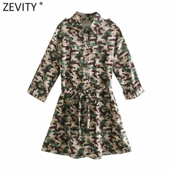 Zevity Mujeres Vintage Camuflaje Estampado Epaulet Mini Camisa Vestido Mujer Chic Bolsillos Pecho Arco Atado Fajas Vestidos DS8150 210603