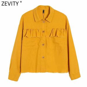 Zeefity Dames Vintage Cascading Ruffle Pockets Patch Geel Shirt Jas Vrouwelijke Lange Mouw Single Breasted Jacket Chic Tops CT700 210603