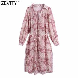 Zevity Mujeres Vintage Anacardo Nuez Impresión Lado Dividido Camisa de gasa Vestido Mujer Chic Totem Floral Fajas Vestido de negocios DS8273 210603