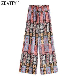 Zevity Femmes Vintage Tissu Patchwork Imprimer Large Jambe Pantalon Vacances Vent Femelle Chic Taille Élastique Casual Pantalon Long P983 210603