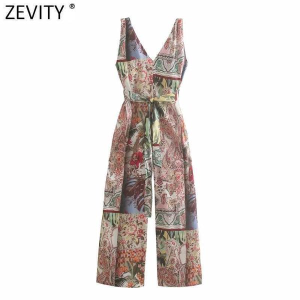 Zevity Femmes Vintage Tissu Patchwork Totem Imprimé Floral Ceintures Longueur Cheville Combinaisons Chic Dames Casual Large Jambe Barboteuses P1135 210603