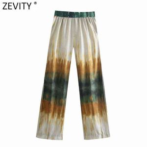 Zevity Femmes Vintage Couleur Match Cravate Teinté Imprimer Casual Pantalon Droit Femme Chic Taille Élastique Poche Été Pantalon Long P1136 211124