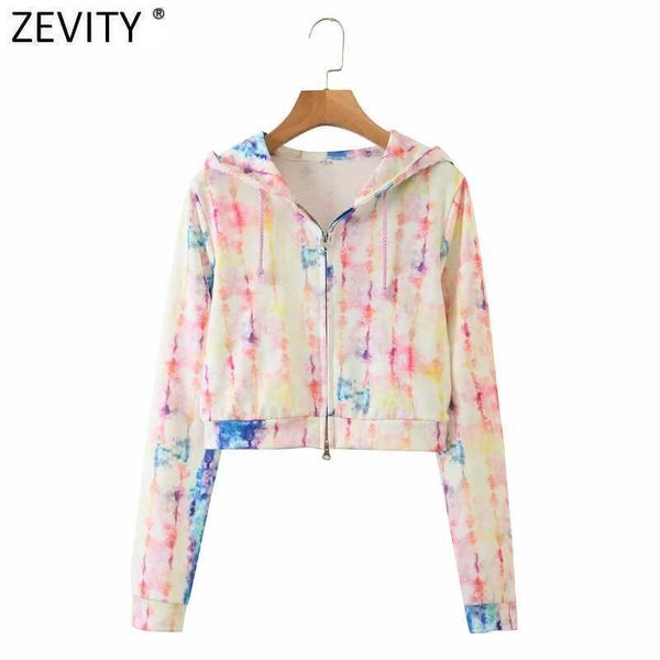 Zevity Mujeres Vintage Colorido Tie Dye Pintura Casual Sudaderas con capucha cortas Sudaderas con capucha Cremallera Fly Crop Sudaderas con capucha Chic Tops S349 210603