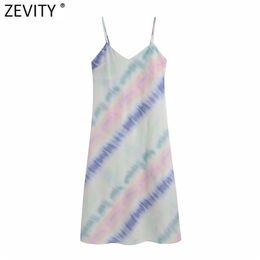 Zeefity Dames Vintage Kleurrijke Tie Geverfd Print Casual Sling Midi Jurk Vrouwelijke Chic Backless Spaghetti Strap Zomer Vestidos DS8203 210623