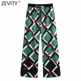 Zeefity Dames Vintage Contrast Kleur Geometrische Print Wide Been Broek Vrouwelijke Chic Elastische Taille Boog Lange Broek Mujer P1228 211115