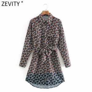 Zevity Femmes Vintage Contraste Couleur Géométrique Imprimé Chemise Mini Robe Dames Poche Patch Chic Ceintures Robe DS4762 210603