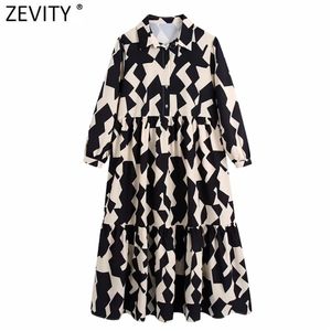 Zeefity Dames Vintage Contrast Kleur Geometrische Print Plooien Midi Shirt Jurk Vrouwelijke Chic Turn Turn Down Collar Business Vestido DS8767 220406