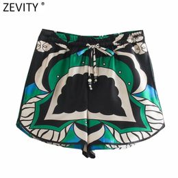 Zeefity Dames Vintage Contrast Tropische Bladeren Print Bermuda Shorts Vrouwelijke Chic Lace Up Elastische Taille Pantalone Cortos P1147 210625