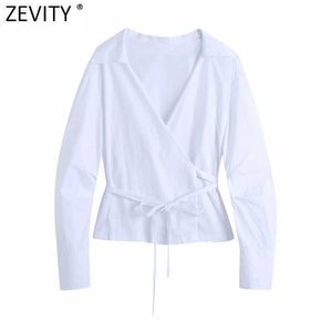 Zeefity Dames Vintage Cross V-hals Strikje White Smock Blouse Femme Lange Mouw Slanke Ruches Kimono Shirt Roupas Chic Tops LS9101 210603