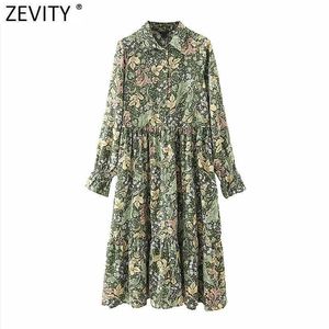 Zevity Feminino Vintage Floral Folhas Estampadas Pregas Verde Midi Camisa Vestido Feminino Chique Manga Flare Casual Kimono Vestido DS8185 210603