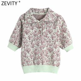 Zeefity Dames Vintage Floral Print Jacquard Gebreide Sweater Vrouwelijke revers Collar Korte mouw Pullovers ChiCh Merk Tops SW808 210603