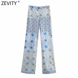 Zevity Femmes Vintage Floral Imprimé Patchwork Casual Wide Jambes Pantalons Femelle Chic Élastic Poches Été Pantalon Long Pantalon P1123 210603