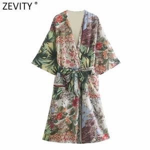 Zevity Femmes Vintage Fleur Feuille Imprimer Long Cardigan Kimono Blouse Femme Casual Bow Ceintures Poche Chemise Roupas Chic Tops LS9413 210603