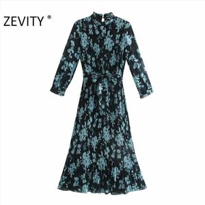 Zeefity vrouwen vintage bloem print boog sjerpen geplooid midi jurk femme ruches o nek vestido chique casual slanke jurken DS4485 210603