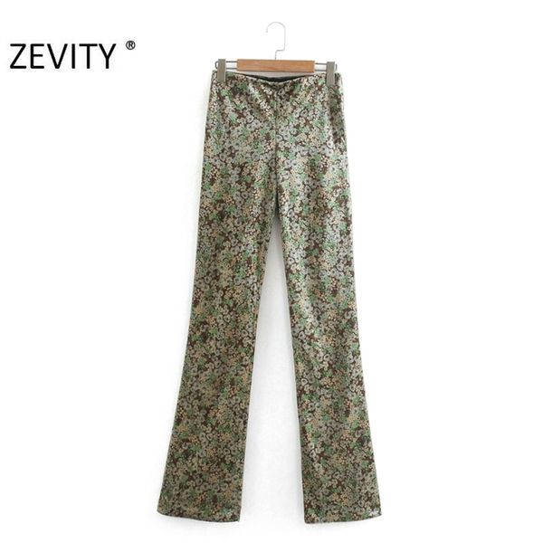 Zevity femmes Vintage fleur imprimé mince velours crayon pantalon Femme côté fermeture éclair mouche pantalon dame rétro décontracté Chic P958 210925