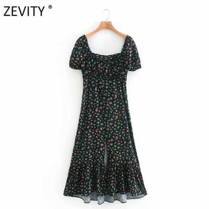 Zevity Femmes Vintage Fleur Imprimer Split Midi Robe Femme Puff Manches Plis Casual Slim Robes Chic Robes de soirée DS4196 210603