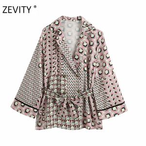 Zevity Mujeres vintage geométrico patchowrk estampado casual smock blusa dama doble botonadura feminina fajas kimono camisa tops LS7023 201201