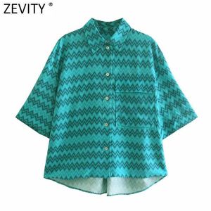 Zevity Femmes Vintage Géométrique Blouse Chemisier Femme manches courtes Chic Chemise Chemise Kimono Poche Casual Retro Blusas Tops LS9396 210603